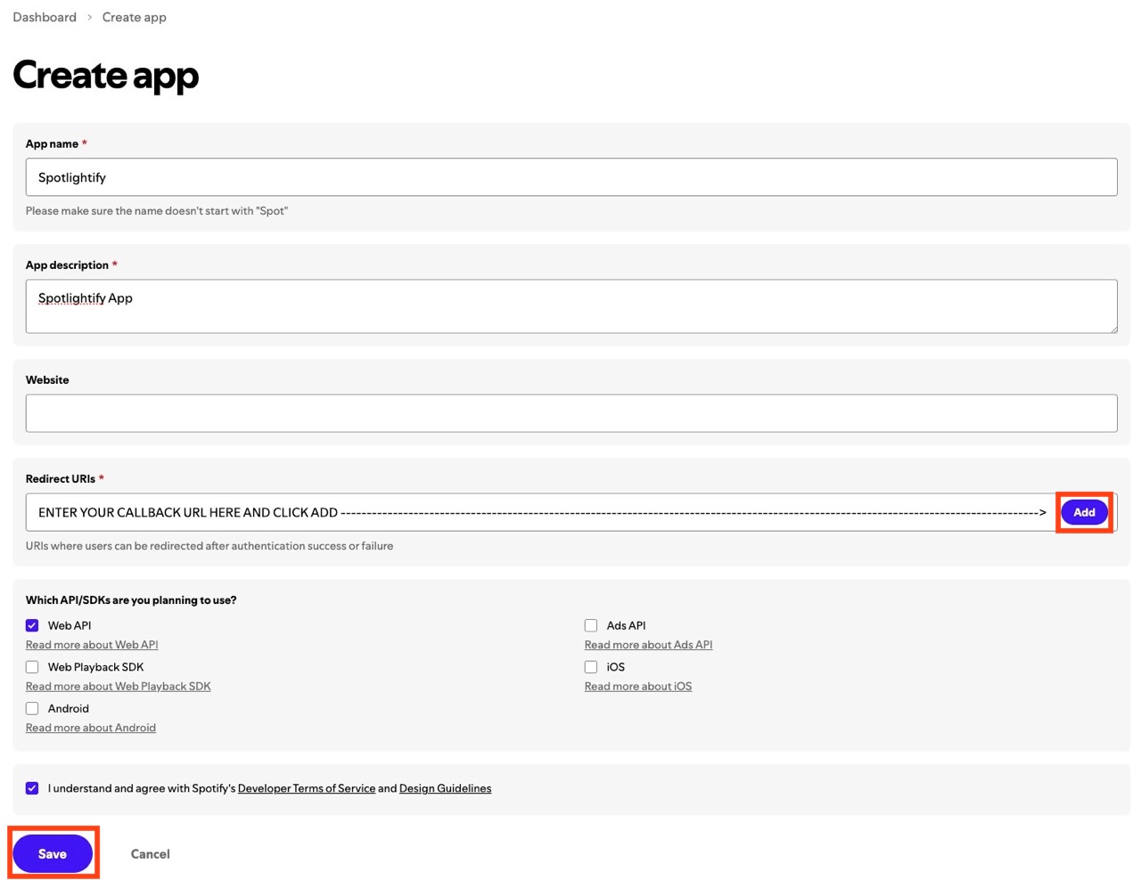 Create app form